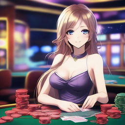 A beautiful anime girl with long flowing hair and captivating eyes, dressed in an elegant but slightly revealing outfit, playing at a casino table with poker chips and cards