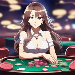 A beautiful anime girl with long flowing hair and captivating eyes, dressed in an elegant but slightly revealing outfit, playing at a casino table with poker chips and cards