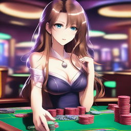 A beautiful anime girl with long flowing hair and captivating eyes, dressed in an elegant but slightly revealing outfit, playing at a casino table with poker chips and cards