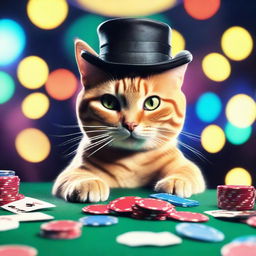 A playful cat sitting at a casino table, surrounded by poker chips and cards