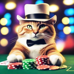 A playful cat sitting at a casino table, surrounded by poker chips and cards