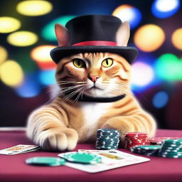 A playful cat sitting at a casino table, surrounded by poker chips and cards