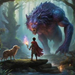 A magical journey unfold in a vibrant fantasy world. A young hero adventuring through enchanted landscapes, meeting mythical creatures, fighting menacing beasts, deciphering ancient riddles, and fulfilling a legendary prophecy.