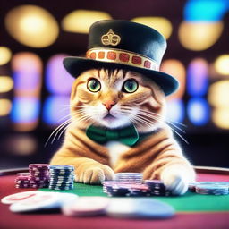 A playful cat sitting at a casino table, surrounded by poker chips and cards