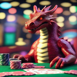 A majestic dragon sitting at a casino table, surrounded by poker chips and cards