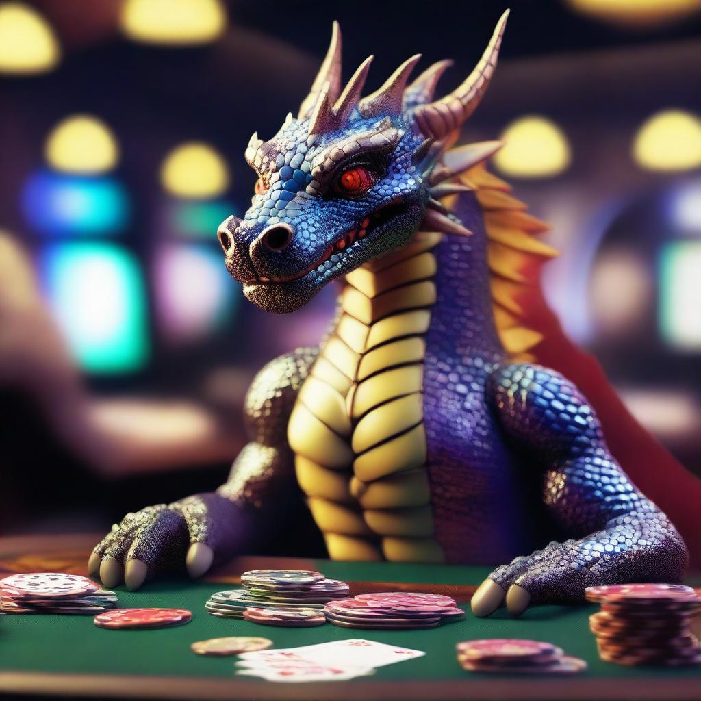 A majestic dragon sitting at a casino table, surrounded by poker chips and cards