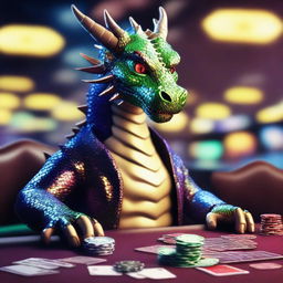 A majestic dragon sitting at a casino table, surrounded by poker chips and cards