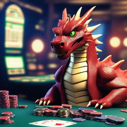 A majestic dragon sitting at a casino table, surrounded by poker chips and cards