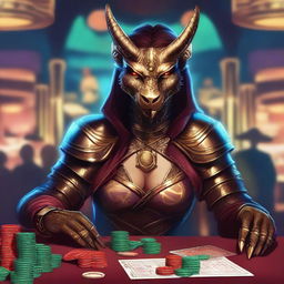 An illustration of a fantasy D&D bronze dragonborn female artificer sitting at a casino table, surrounded by poker chips and cards