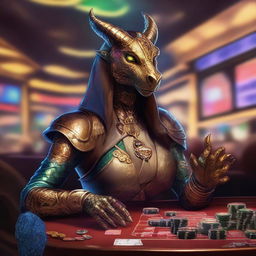 An illustration of a fantasy D&D bronze dragonborn female artificer sitting at a casino table, surrounded by poker chips and cards