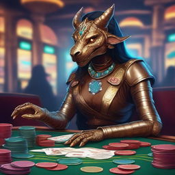 An illustration of a fantasy D&D bronze dragonborn female artificer sitting at a casino table, surrounded by poker chips and cards