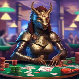 An illustration of a fantasy D&D bronze dragonborn female artificer sitting at a casino table, surrounded by poker chips and cards