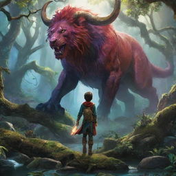 A magical journey unfold in a vibrant fantasy world. A young hero adventuring through enchanted landscapes, meeting mythical creatures, fighting menacing beasts, deciphering ancient riddles, and fulfilling a legendary prophecy.