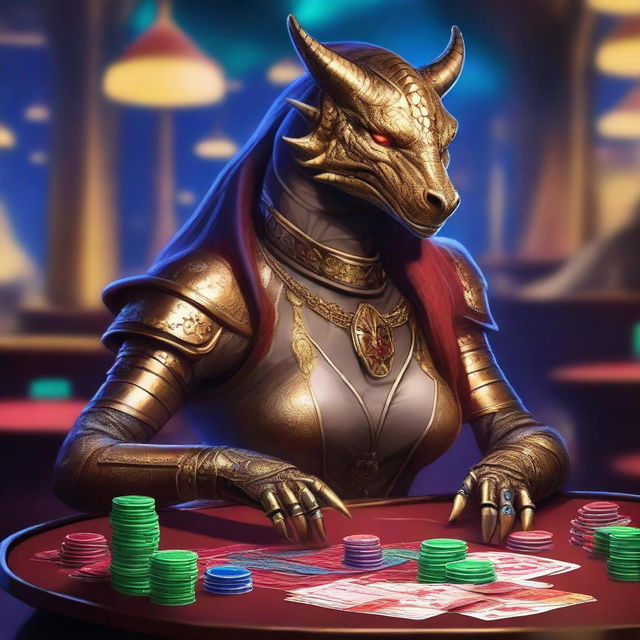 An illustration of a fantasy D&D bronze dragonborn female artificer sitting at a casino table, surrounded by poker chips and cards