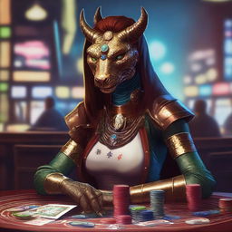 An illustration of a fantasy D&D bronze dragonborn female artificer sitting at a casino table, surrounded by poker chips and cards