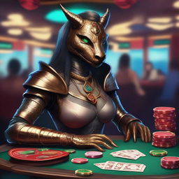 An illustration of a fantasy D&D bronze dragonborn female artificer sitting at a casino table, surrounded by poker chips and cards