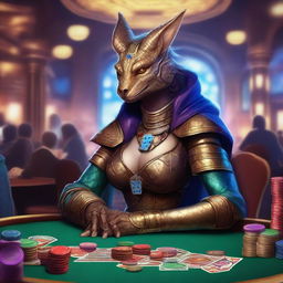 An illustration of a fantasy D&D bronze dragonborn female artificer sitting at a casino table, surrounded by poker chips and cards