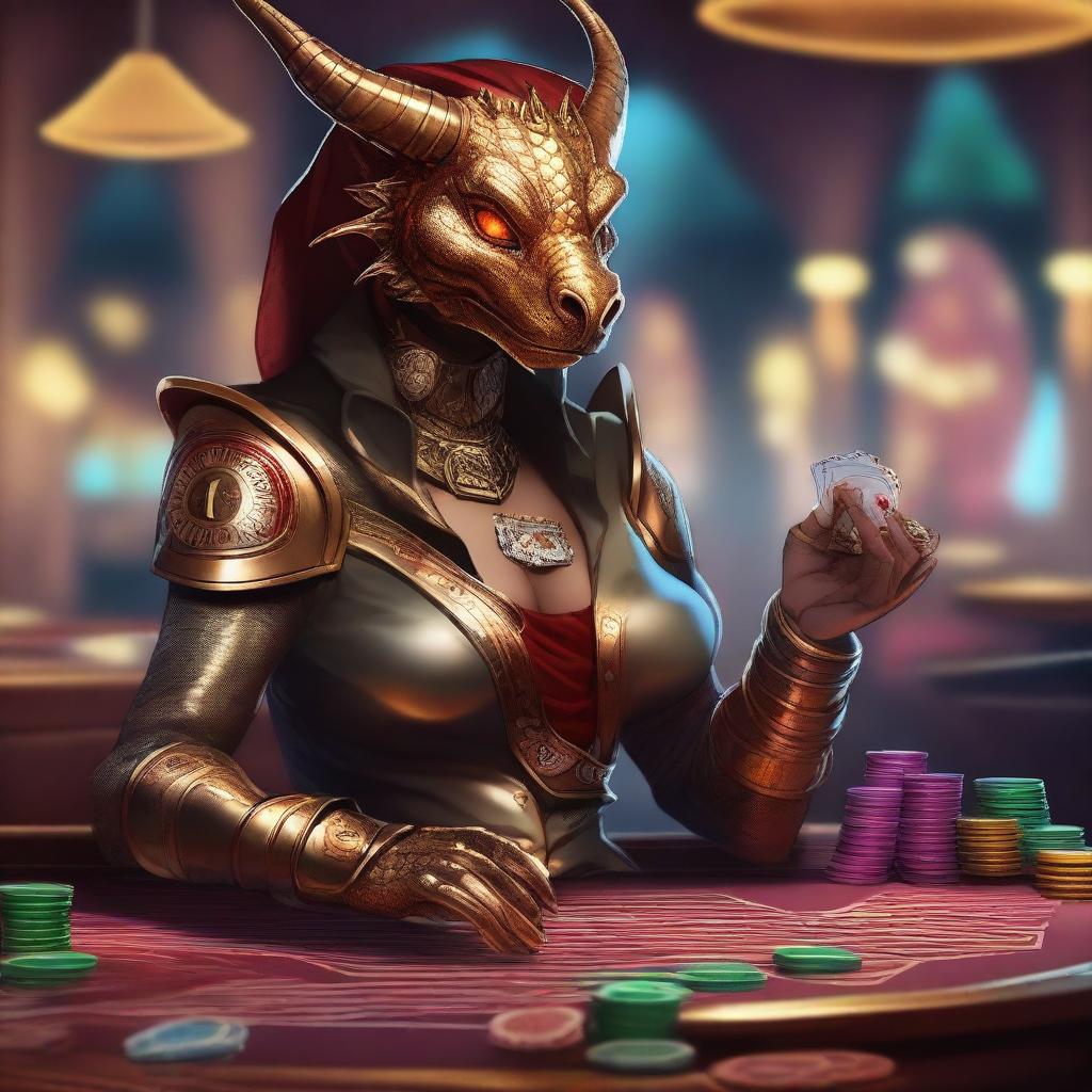 An illustration of a fantasy D&D bronze dragonborn female artificer in a casino