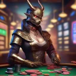 An illustration of a fantasy D&D bronze dragonborn female artificer in a casino