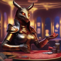 An illustration of a fantasy D&D bronze dragonborn female artificer in a casino