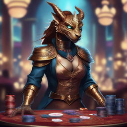 An illustration of a fantasy D&D bronze dragonborn female artificer in a casino