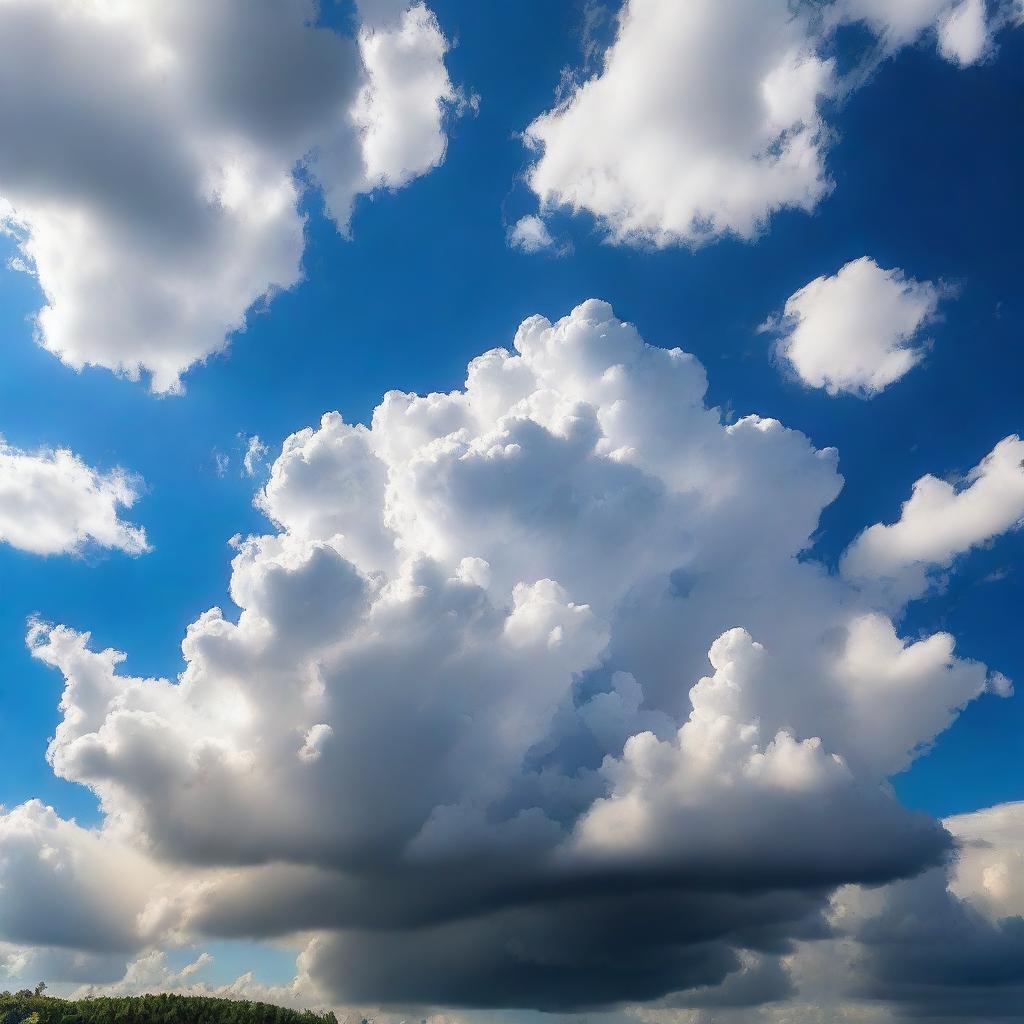 A beautiful scene featuring various types of clouds in the sky, including fluffy cumulus clouds, wispy cirrus clouds, and dramatic storm clouds