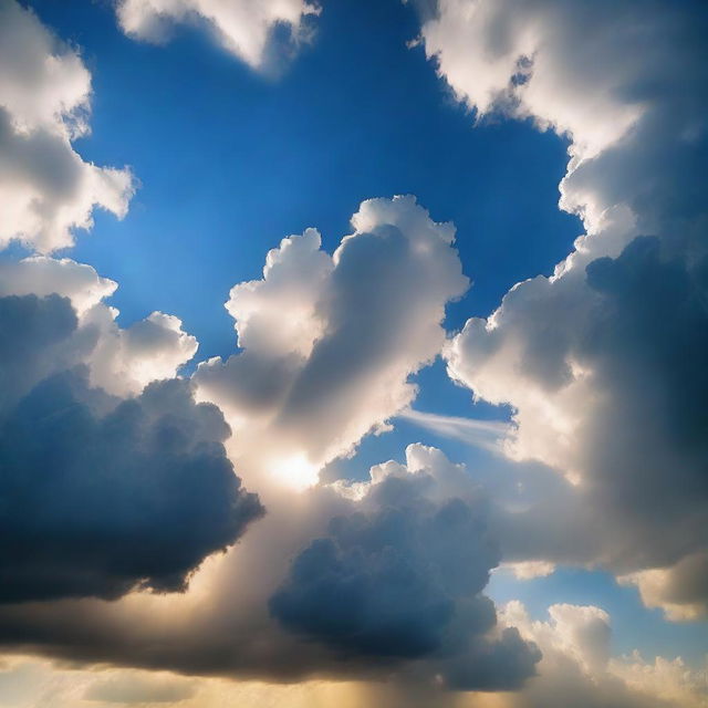 A beautiful scene featuring various types of clouds in the sky, including fluffy cumulus clouds, wispy cirrus clouds, and dramatic storm clouds