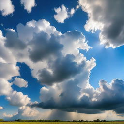 A beautiful scene featuring various types of clouds in the sky, including fluffy cumulus clouds, wispy cirrus clouds, and dramatic storm clouds