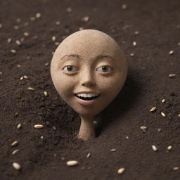 Imagine a seed in photorealistic detail, gains an anthropomorphic persona and engages in conversation. It carries vivid facial expressions on its tiny form surrounded by realistic soil texture and under the natural light of a usual day.