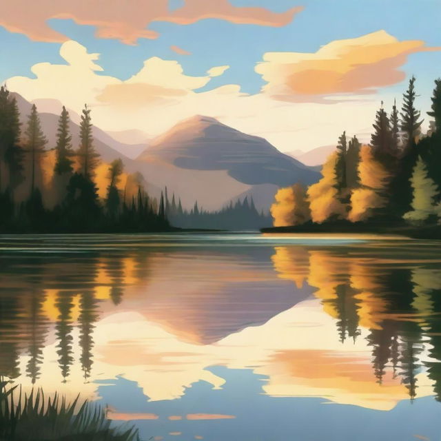 Illustration of a beautiful landscape featuring a serene lake surrounded by lush forests and mountains in the background