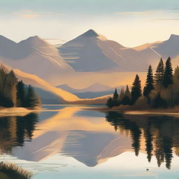 Illustration of a beautiful landscape featuring a serene lake surrounded by lush forests and mountains in the background