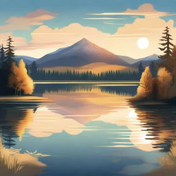 Illustration of a beautiful landscape featuring a serene lake surrounded by lush forests and mountains in the background