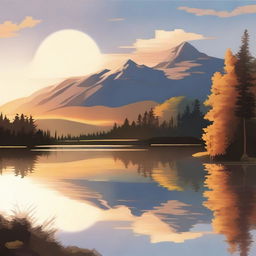 Illustration of a beautiful landscape featuring a serene lake surrounded by lush forests and mountains in the background