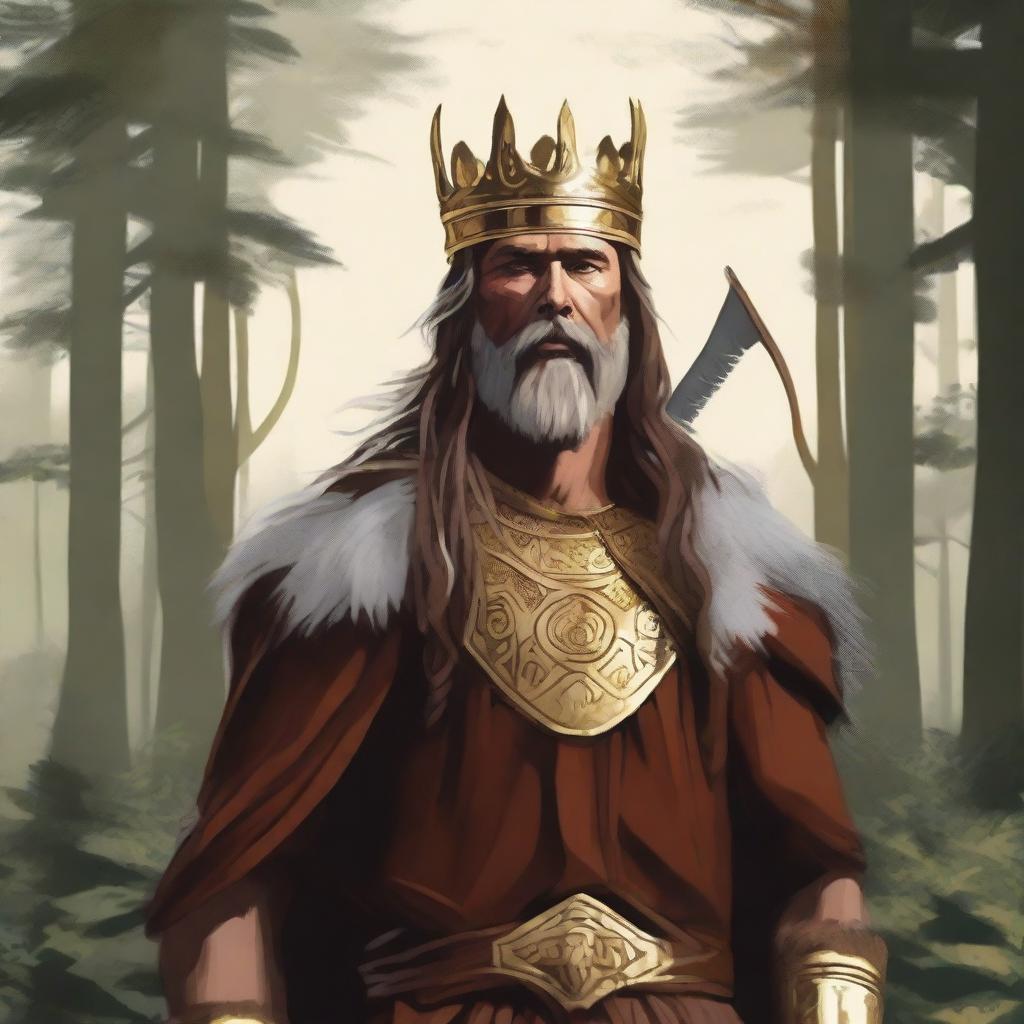 An illustration of a Baltic or Norse high chieftain wearing a simple gold crown, with long flowing brown hair, standing in a lush forest