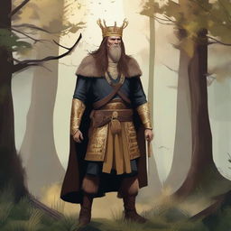 An illustration of a Baltic or Norse high chieftain wearing a simple gold crown, with long flowing brown hair, standing in a lush forest