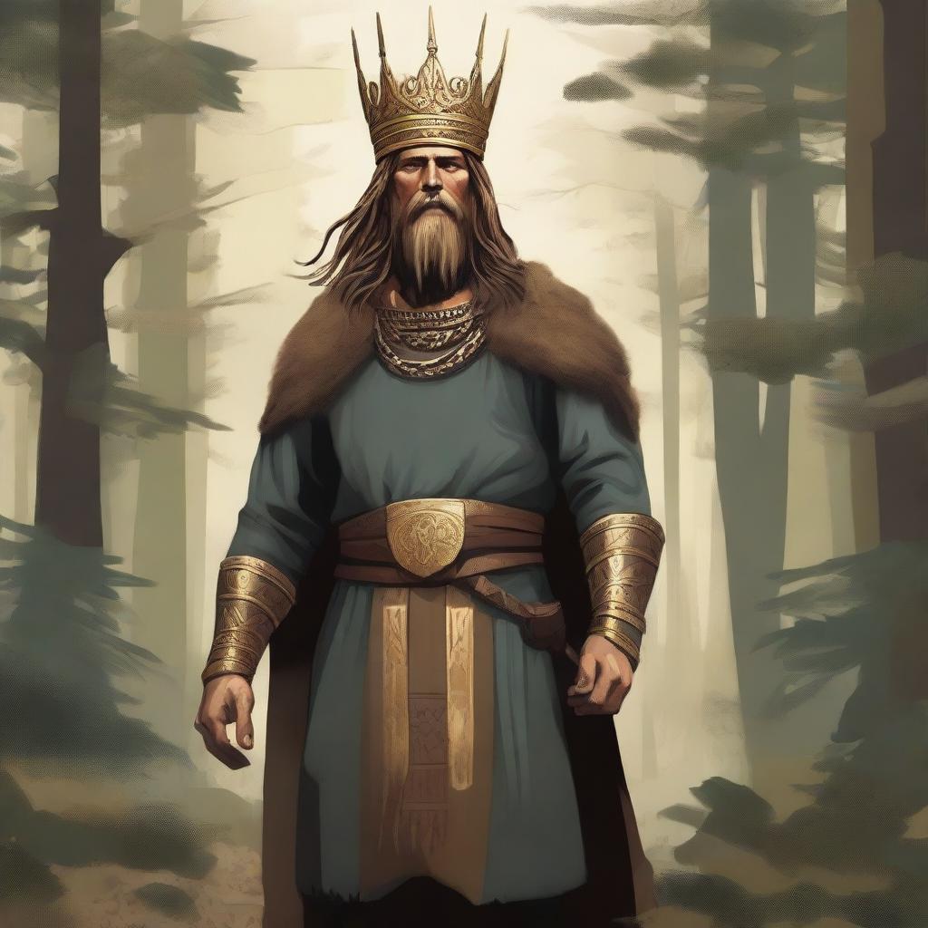 An illustration of a Baltic or Norse high chieftain wearing a simple gold crown, with long flowing brown hair, standing in a lush forest