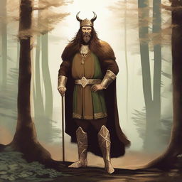 An illustration of a Baltic or Norse high chieftain wearing a simple gold crown, with long flowing brown hair, standing in a lush forest