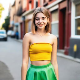 A hot and cute looking 18-year-old girl with a crop top and a skirt