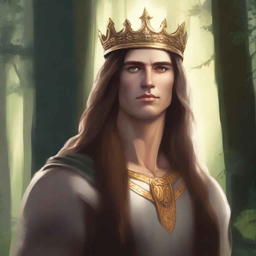 Illustration of a 20-year-old Baltic high chieftain wearing a simple gold crown or circlet with long flowing brown hair