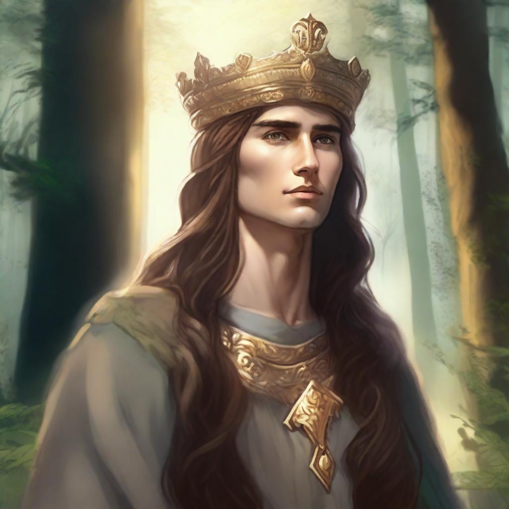 Illustration of a 20-year-old Baltic high chieftain wearing a simple gold crown or circlet with long flowing brown hair