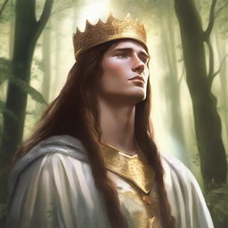 Illustration of a 20-year-old Baltic high chieftain wearing a simple gold crown or circlet with long flowing brown hair