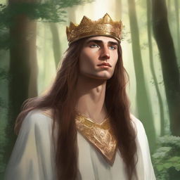 Illustration of a 20-year-old Baltic high chieftain wearing a simple gold crown or circlet with long flowing brown hair