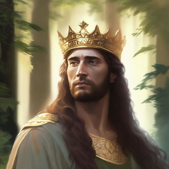 Illustration of a 30-year-old Baltic high chieftain wearing a simple gold crown or circlet with flowing brown hair