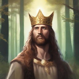 Illustration of a 30-year-old Baltic high chieftain wearing a simple gold crown or circlet with flowing brown hair