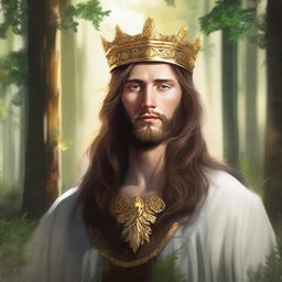 Illustration of a 30-year-old Baltic high chieftain wearing a simple gold crown or circlet with flowing brown hair