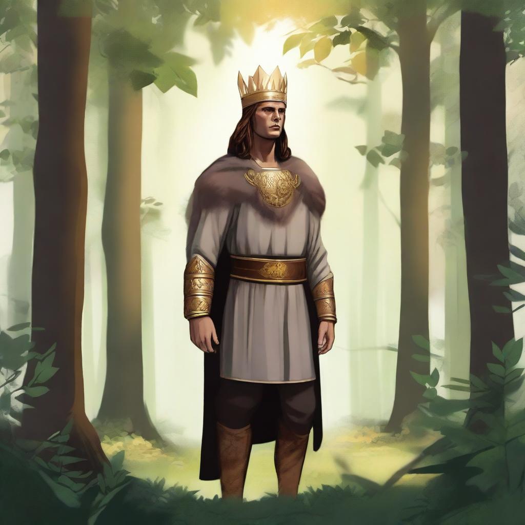 Illustration of a 20-30 year old Baltic high chieftain wearing a simple gold crown or circlet with brown hair