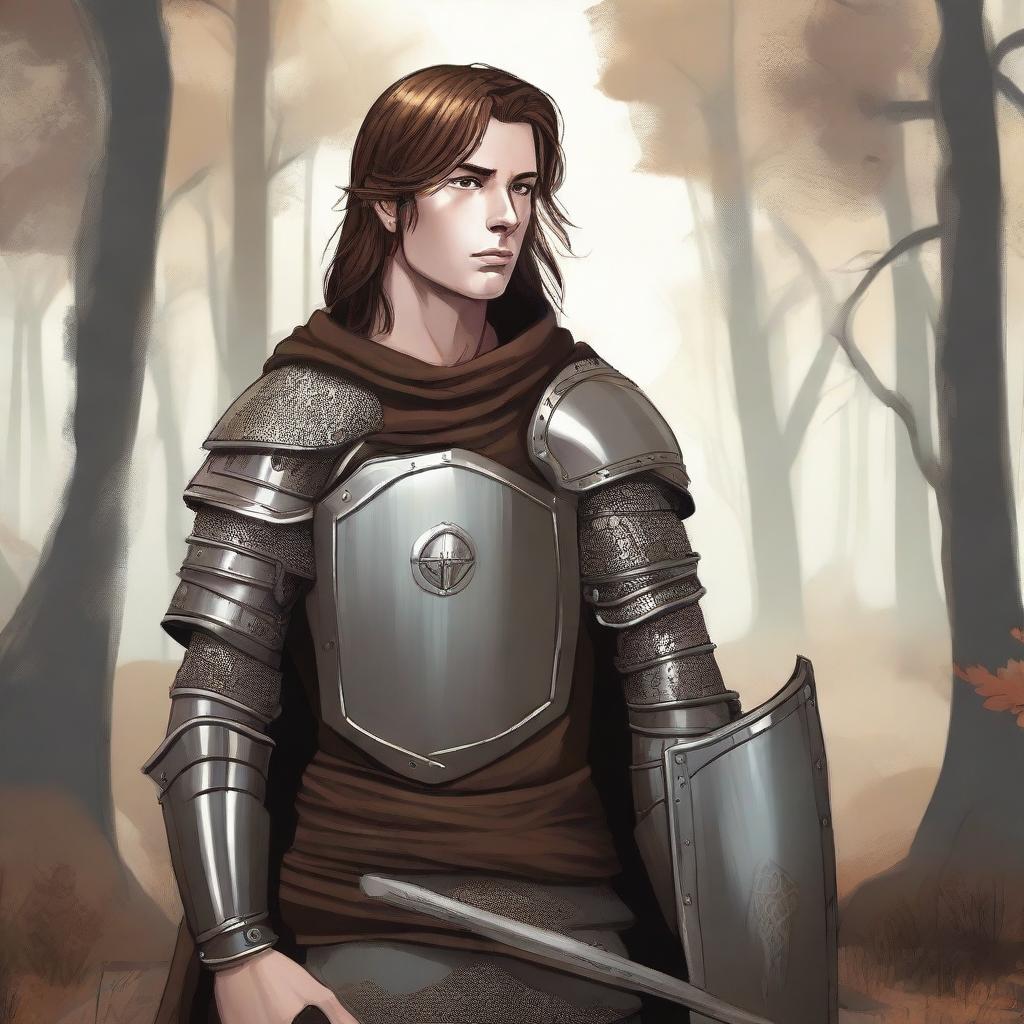 Illustration of a young Baltic pagan warrior with brown hair, wearing simple steel armor