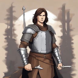 Illustration of a young Baltic pagan warrior with brown hair, wearing simple steel armor