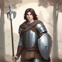 Illustration of a young Baltic pagan warrior with brown hair, wearing simple steel armor