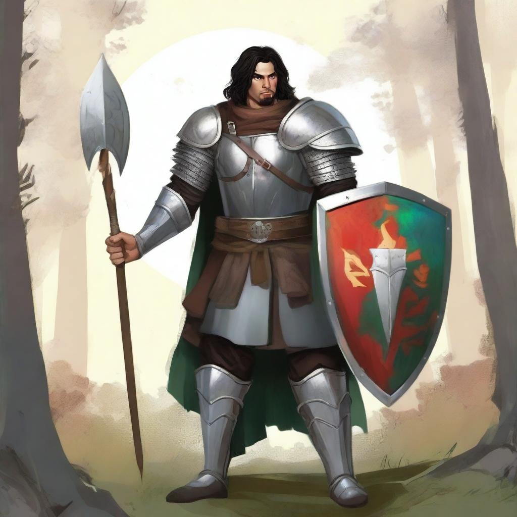 Illustration of a 30-year-old Baltic pagan warrior with dark hair, wearing simple steel armor